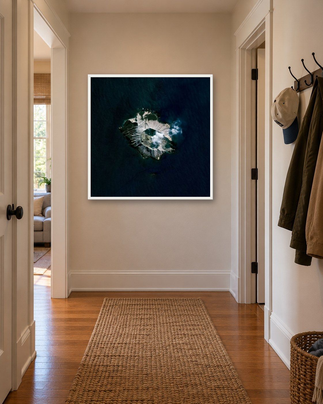 White Island print framed and hanging in a room