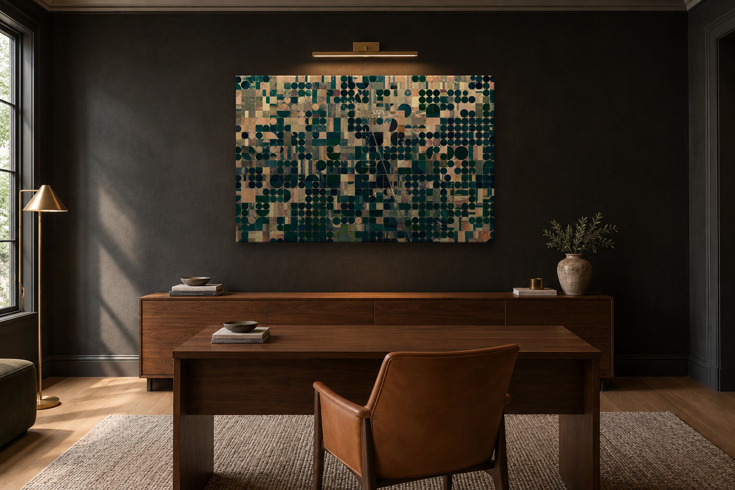 A framed Overview print of Kansas pivot irrigation fields in a dark study